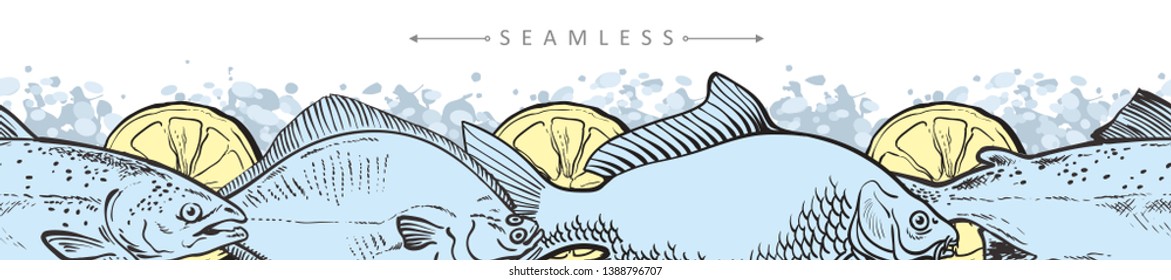 Vector illustration of seafood border seamless pattern with edible fish and lemon isolated on white background - hand drawn whole sea animals halibut, salmon and carp with spices.