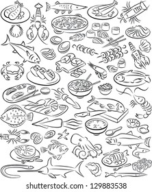 vector illustration of seafood collection in line art mode