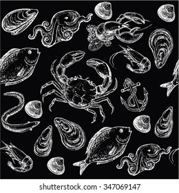 The vector illustration " seafood collection seamless pattern" for design