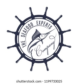 Vector illustration of the seafood experts label and sign. Swordfish badge and symbol for company in vintage style.