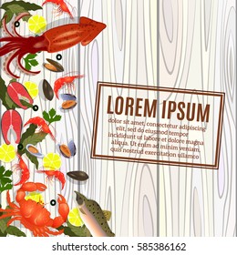 Vector illustration of seafood. Frame Crabs and shrimp with herbs and lemon, squid, fish, mussels. The concept of healthy eating. Cartoon style isolated