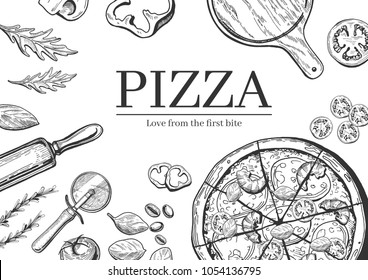 Vector illustration of a seafood pizza cooking background. Shrimps, tomatoes, chili slices, cutter, rolling pin, board, arugula, paprika, basil, green olives. Italian kitchen vintage hand drawn.