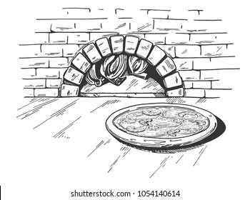 Vector illustration of a seafood pizza on the traditional brick firewood oven background. Vintage hand drawn engraving style.