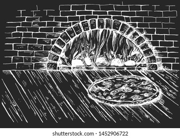 Vector illustration of a seafood pizza on the traditional brick firewood oven background. On black board chalk hand drawing