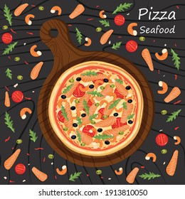 Vector illustration of seafood pizza with tomato, tomato sauce, arugula, olives, shrimp and salmon on a cutting board on a black background. Fast food concept