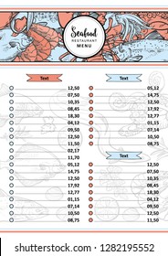 Vector illustration of seafood restaurant menu template with header of various aquatic edible fish and animals - layout with hand drawn sea and ocean food for marine design.