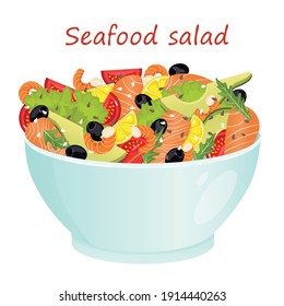 Vector illustration of seafood salad in a blue plate on a white background. The salad consists of tomato, lettuce, arugula, avocado, olives, salmon, shrimp, sesame and lemon. Healthy food concept