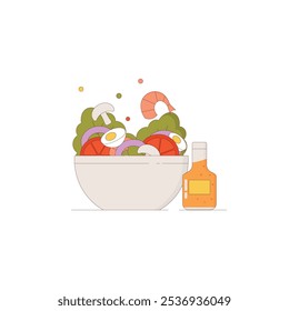 Vector illustration of a seafood salad with dressing. Bright, fresh design, perfect for menus, recipes, apps, and healthy eating websites