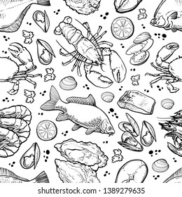 Vector illustration of seafood seamless pattern with various edible marine animals with lemon and spices on white background - line hand drawn sea food backdrop for restaurant or market design.