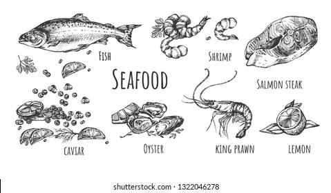 Vector illustration of seafood set. Fish, shrimp, salmon steak, caviar, oyster, king prawn, lemon and other flavoring spices. Vintage hand drawn style.