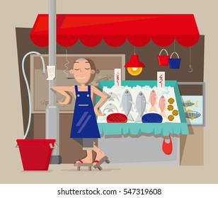 Vector illustration of seafood stall vendor in Hong Kong