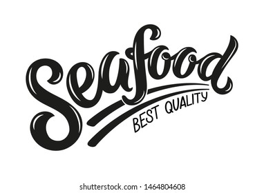 Vector illustration of Seafood text for advertisments, banners and business cards. Hand drawn calligraphy, lettering, typography for logo design and branding.
