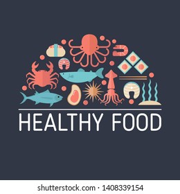 Vector illustration of seafood with various marine animals. Food sign for menu and market. Blue background.