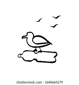 Vector illustration of seagal sitting on plastic bottle. Tree birds flying in the sky over the ocean on the background. Ecology, plastic free template. Save ocean from plastic concept