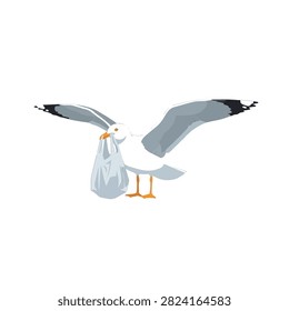 Vector illustration of a seagull bird carrying a plastic bag in its beak representing ocean pollution