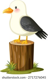 Ilustración vectorial de gaviota con alas negras posadas sobre tronco, colores brillantes, fondo blanco