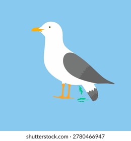 Vector illustration of a seagull defecating on a blue background.