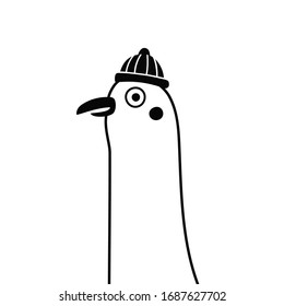 Vector illustration with seagull doodle style bird. Funny print design with animal in hat