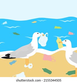 Vector illustration of a seagull eating plastic trash and bottles. Stop plastic pollution in the ocean. Ecological problems.