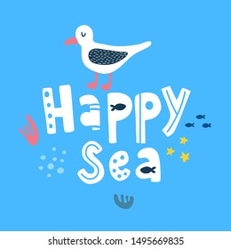 vector illustration of a seagull, hand lettering text