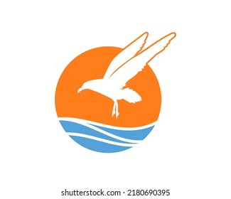 Vektorgrafik von 
ein Seegrundsymbol mit Sonnenuntergang oder Sonnenaufgang und blauer Welle 