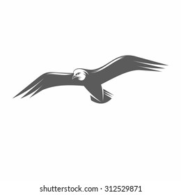 Vector illustration of a seagull in the old-fashioned style and line-art style. Can be used as a tattoo  / Seagull in flight black and white vector illustration