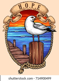 Vector illustration of Seagull on the harbour