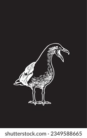 Vector illustration of sea-gull standing isolated on black,graphical drawing of bird