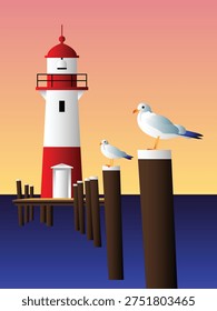 Vector illustration of seagulls perched on wooden pier posts with a red and white lighthouse and a sunset gradient sky in the background.