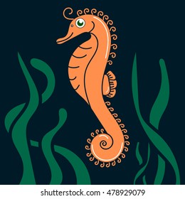 Vector illustration of a seahorse. Cartoon style. The images of marine life on the blue fone.Element logo. The picture in the book. The idea for the toys.