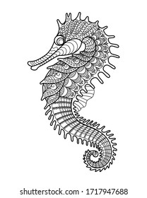 Vector illustration of a seahorse isolated on a white background. Coloring Pages. Coloring Book for adults and children. Antistress freehand sketch drawing with doodle and zentangle elements.