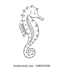 Vector illustration of a seahorse isolated on a white background. Coloring Pages. Coloring Book for adults and children. Antistress freehand sketch drawing with doodle and zentangle elements.