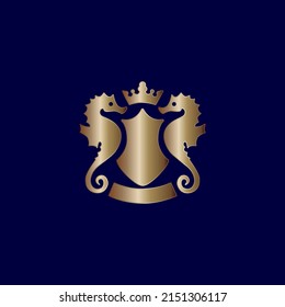 Vector illustration of a seahorse and shield for an icon, symbol or logo. seahorse gold logo