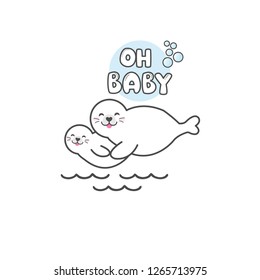 Vector illustration. Seal and baby on white background.