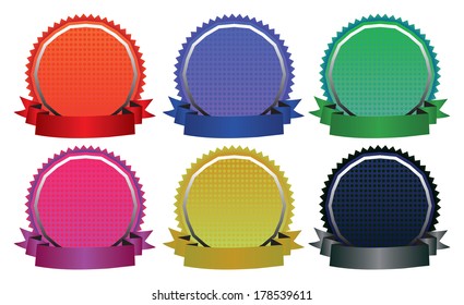 Vector illustration of seal badges with ribbons banner in six different colors