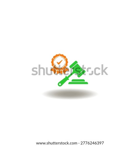 Vector illustration of seal with check mark and judge gavel. Symbol of product liability.
