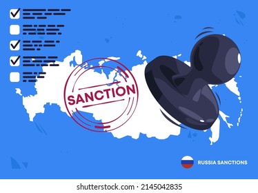 vector illustration of a seal with the inscription sanctions, sanctions policy against Russia, a map of Russia with a seal