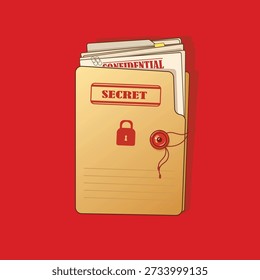 Vector illustration of a sealed manila folder labeled secret and confidential, secured with lock and red wax seal, on background.