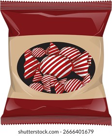 Vector illustration of a sealed snack bag containing red and white striped candies, with a transparent window and bold, glossy packaging design