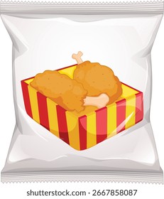 Vector illustration of a sealed snack packet with fried chicken drumsticks in a striped box, clean lines, bright colors, and simple composition