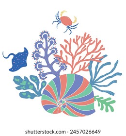 Vector Illustration of Sealife Print with Crab.