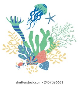 Vector Illustration of Sealife Print with Jellyfish.