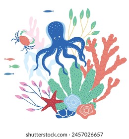 Vector Illustration of Sealife Print with Octopus.