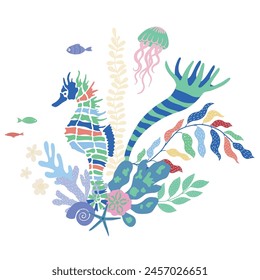 Vector Illustration of Sealife Print with Seahorse.