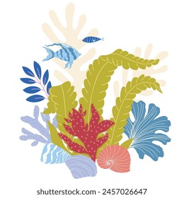 Vector Illustration of Sealife Print with Seaweeds.