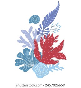 Vector Illustration of Sealife Print with Seaweeds.