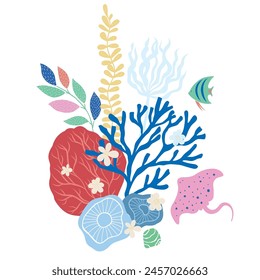 Vector Illustration of Sealife Print with Seaweeds.