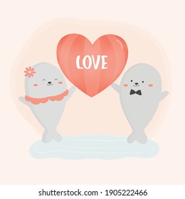 vector illustration of seals with heart illustration. two seals holding heart of love. flat design seals. animal wallpaper.