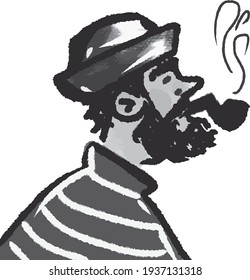 ilustración vectorial de marinero con tubo humeante en perfil