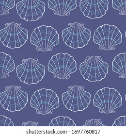 Vector illustration of seamlass pattern with contour white seashells isolated on dark blue background, summer endless cartoon texture for fabric, paper, fashion design, web design